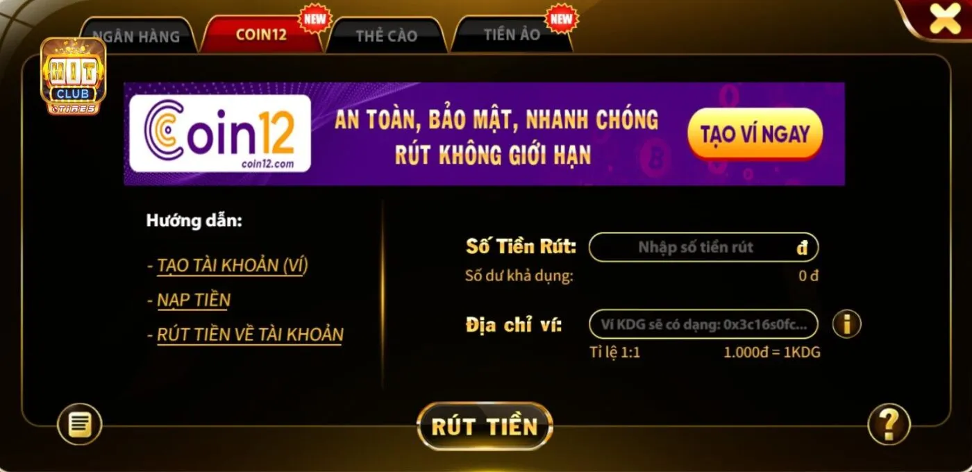 Người chơi thực hiện việc rút tiền qua Coin12 